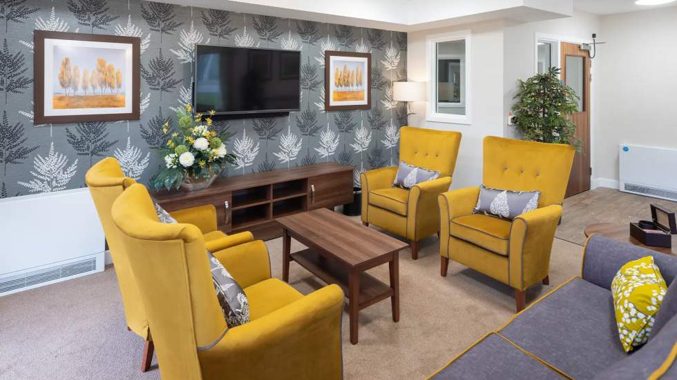 Comfortable common area with yellow armchairs and decor
