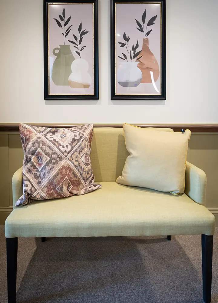 Seating area with decorative pillows and artwork