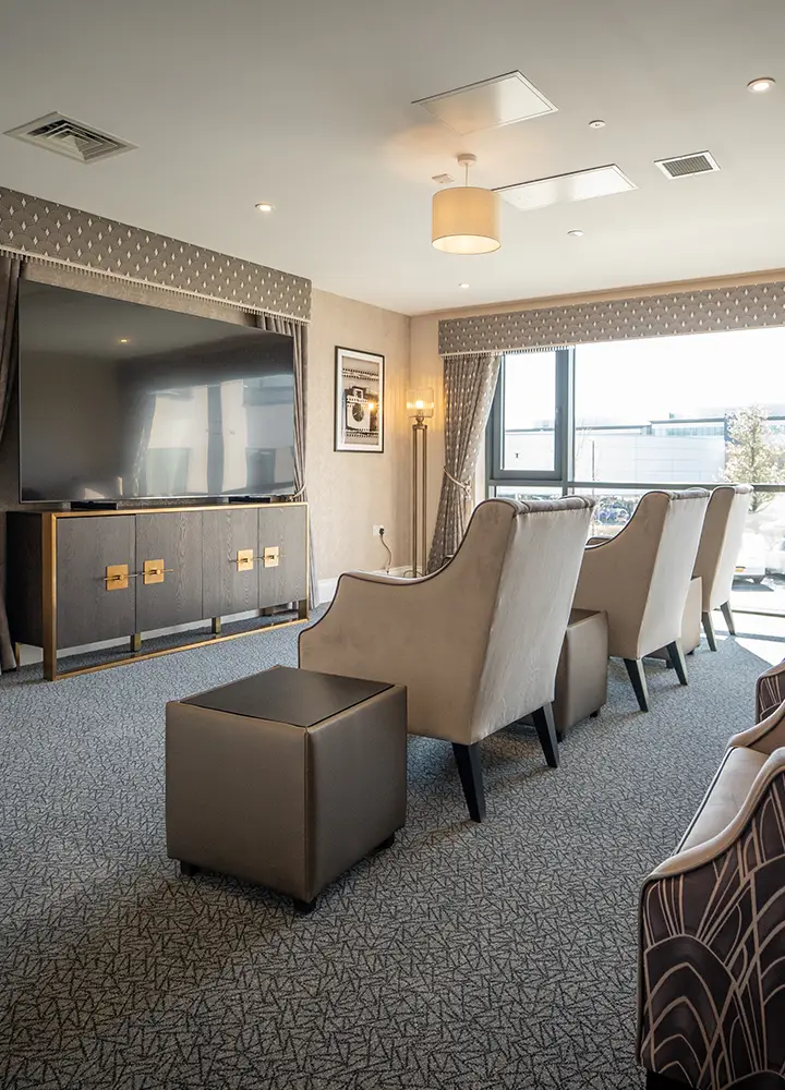 Comfortable lounge area with armchairs and television.