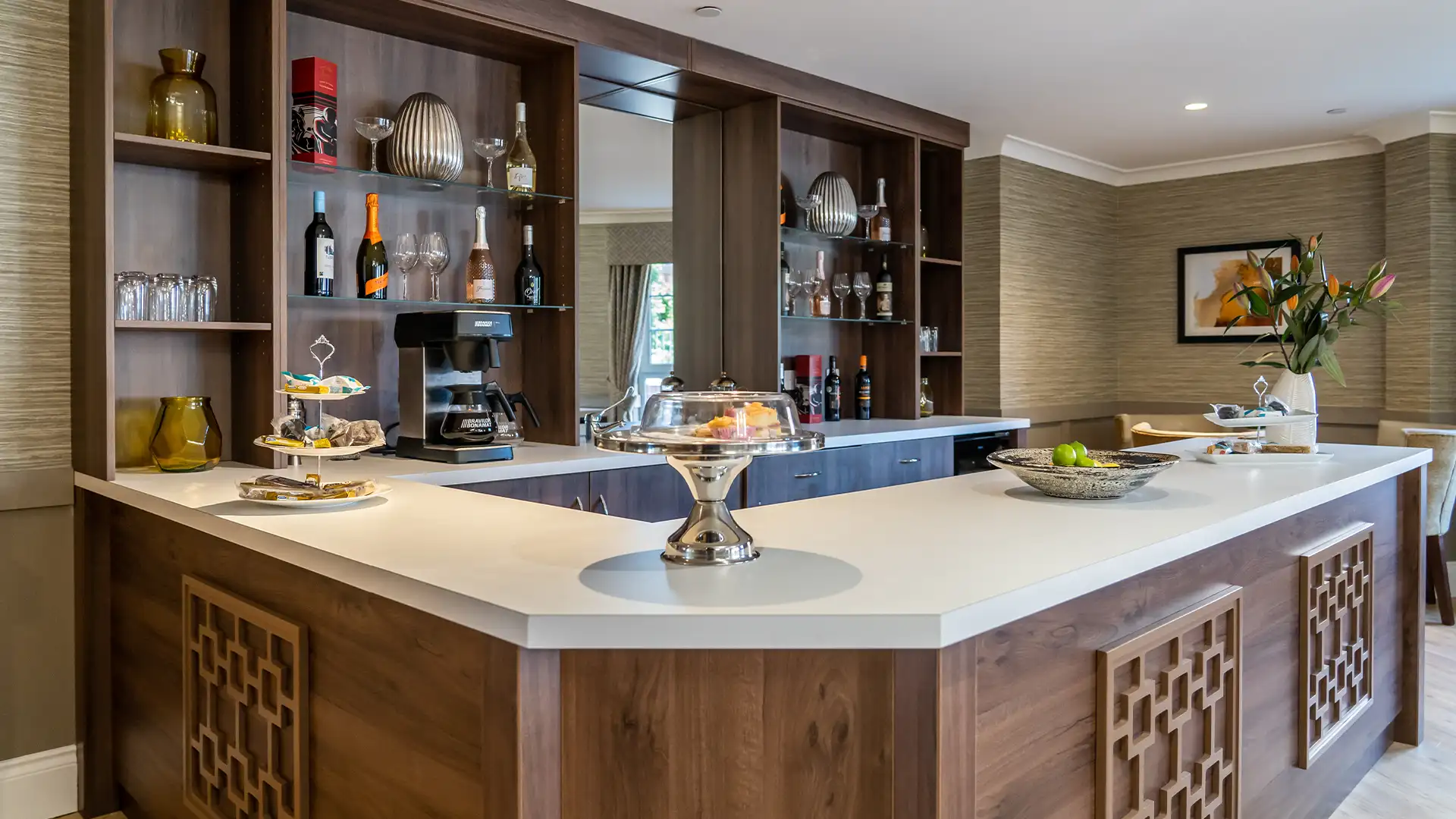 Stylish interior bar area with shelves and decor