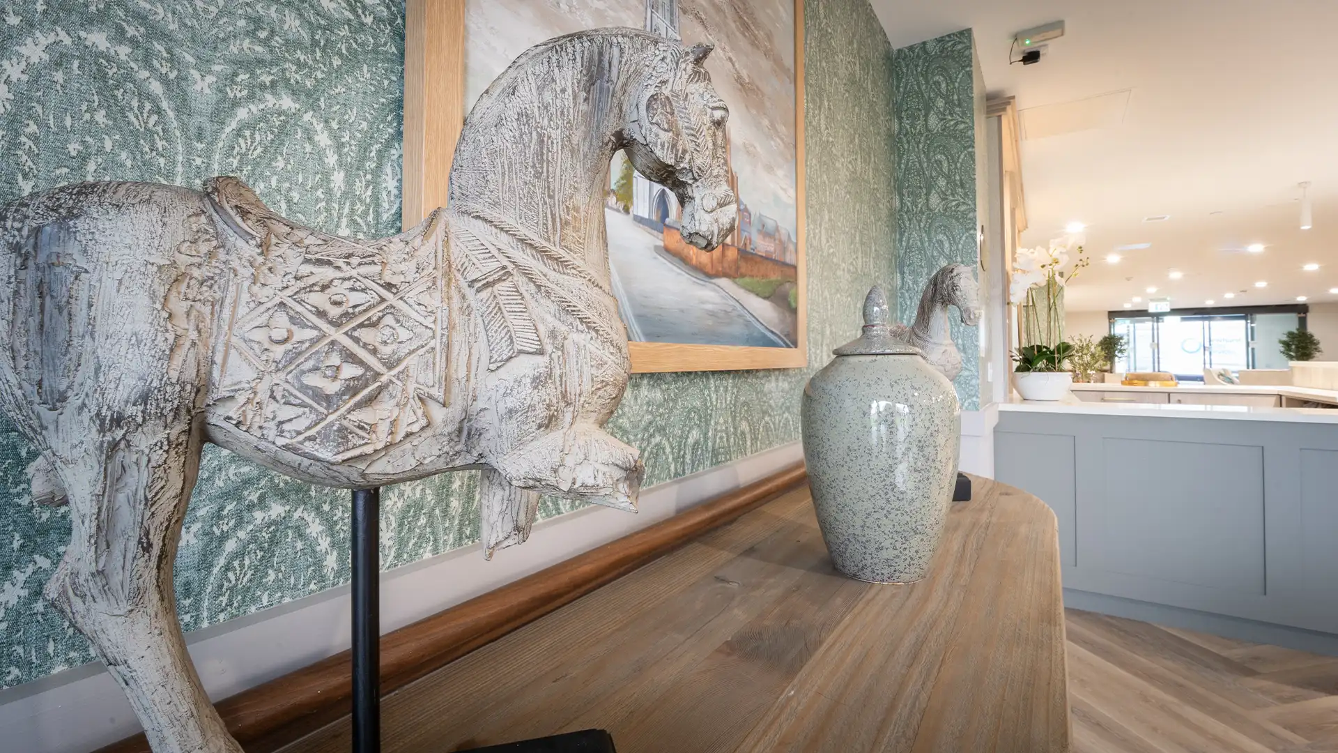 Decorative interior featuring art and sculptures