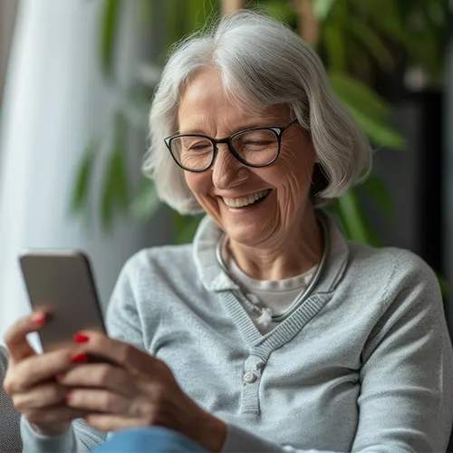 Happy senior woman using smartphone indoors