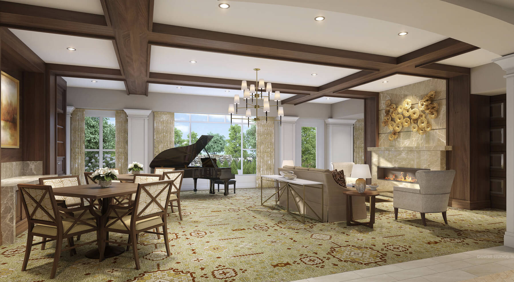 Cozy common area with piano and seating