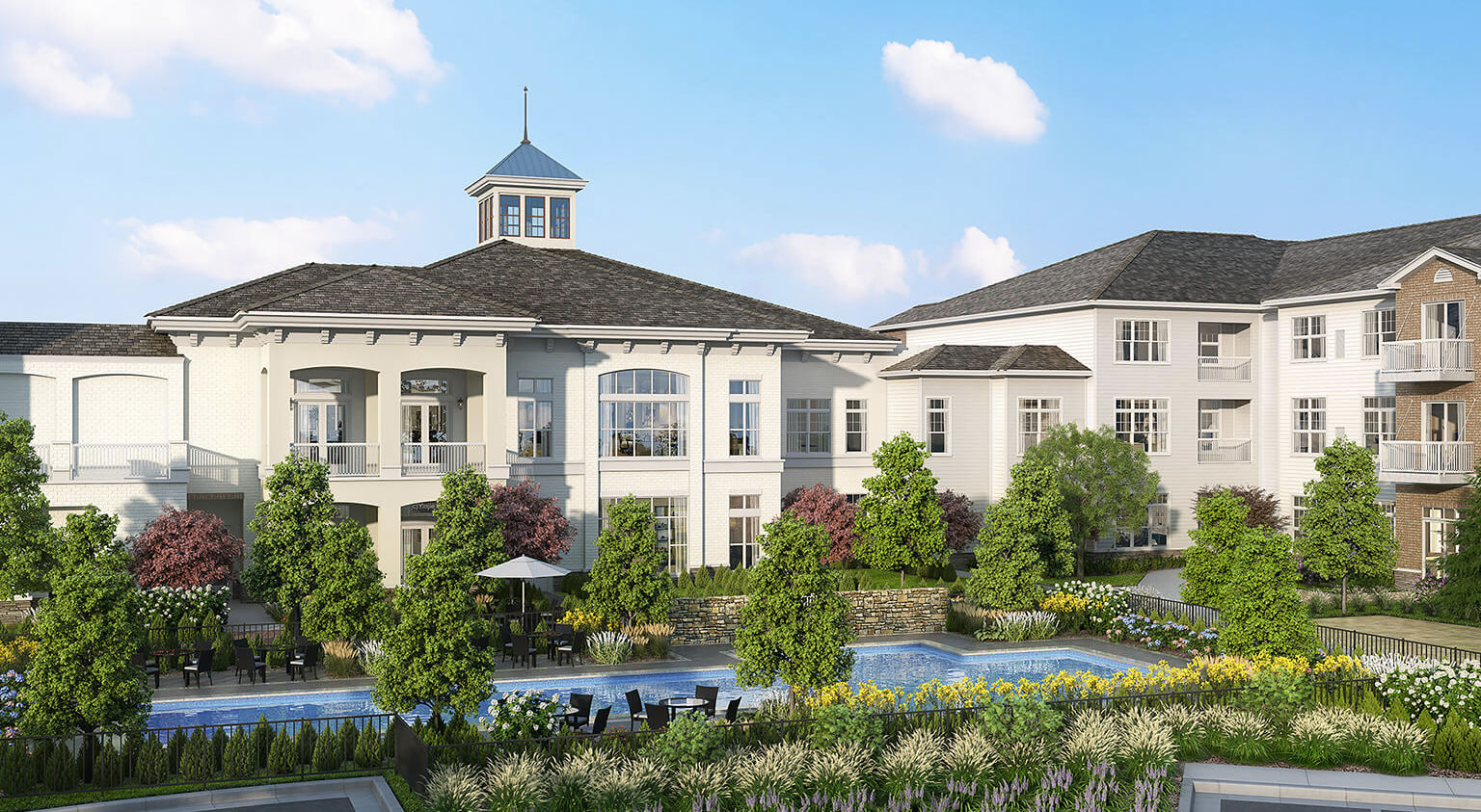Exterior view of The Sheridan at Eastside with gardens.