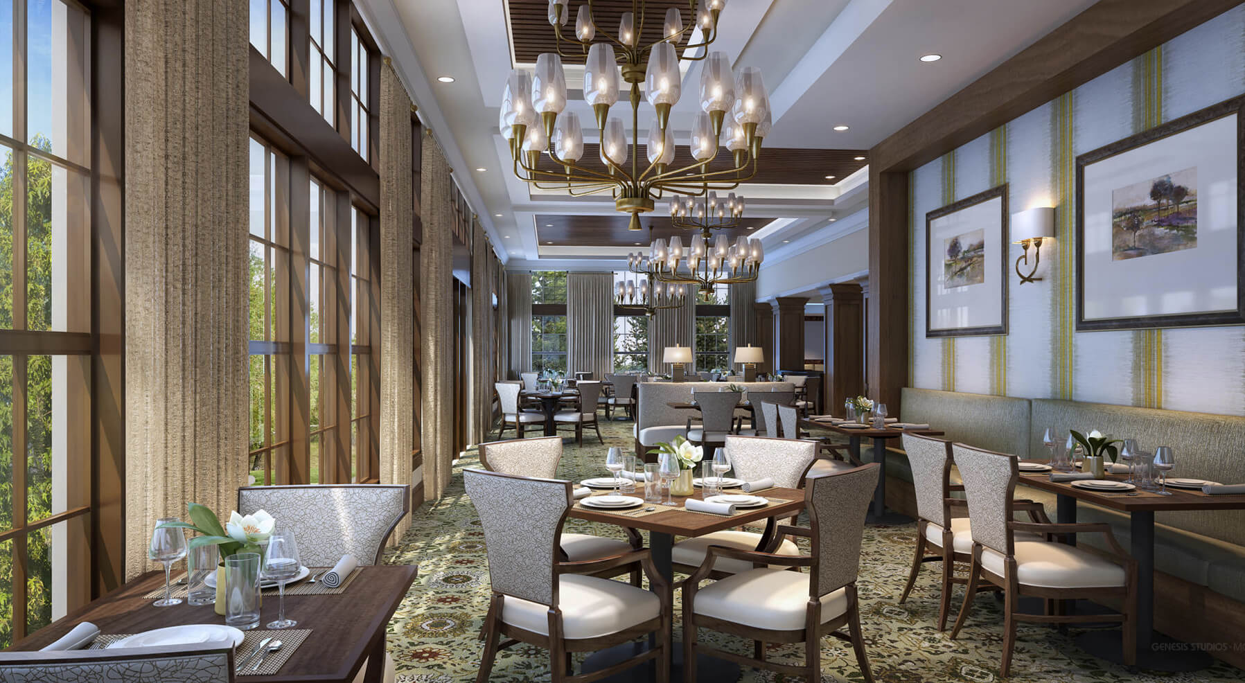 Elegant dining area with tables and chandeliers.