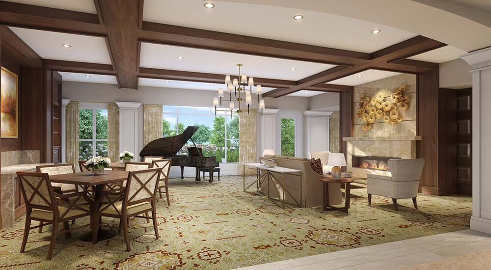Common area with piano, seating, and natural light.