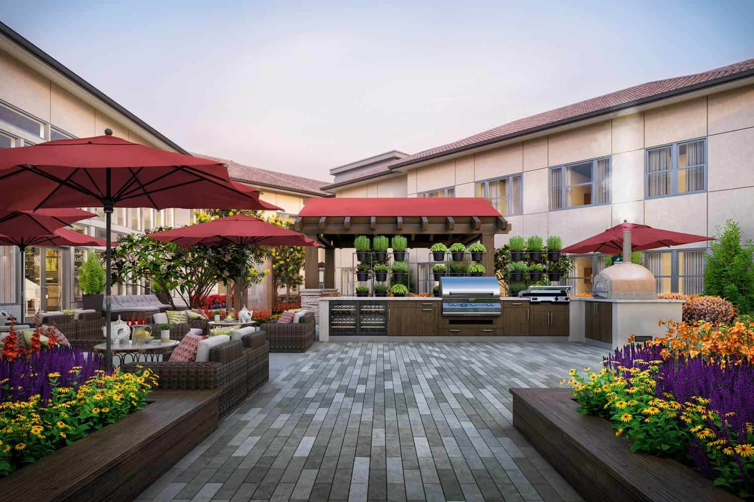 Beautiful outdoor patio with seating and plants