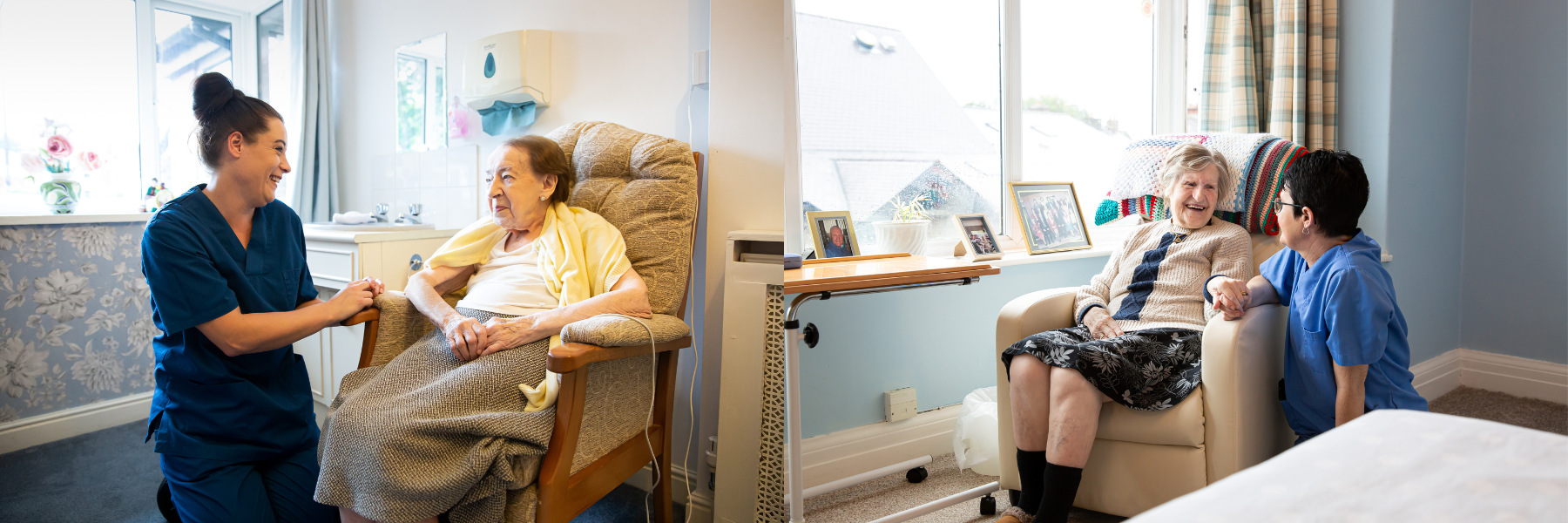 Staff interacting with residents in a cozy room