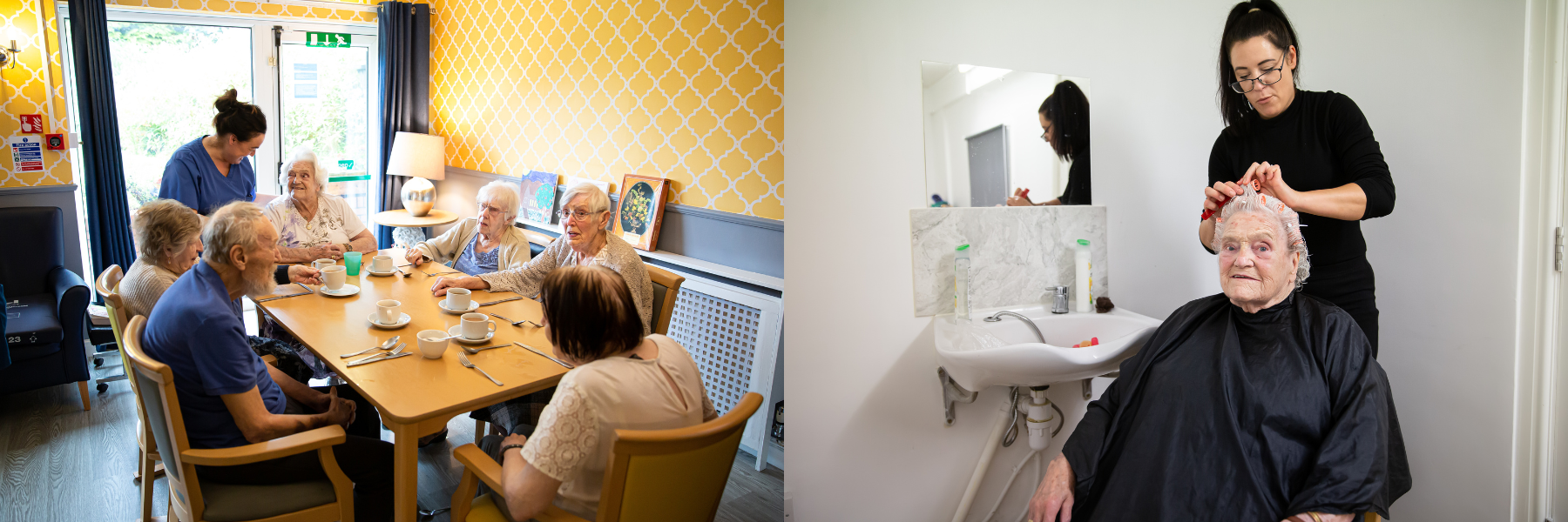 Residents engaged in activities and receiving care.