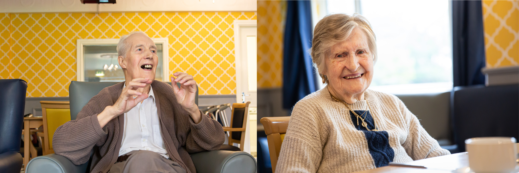 Two smiling residents engaging in conversation.