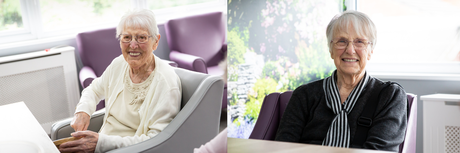 Two smiling elderly residents in a common area