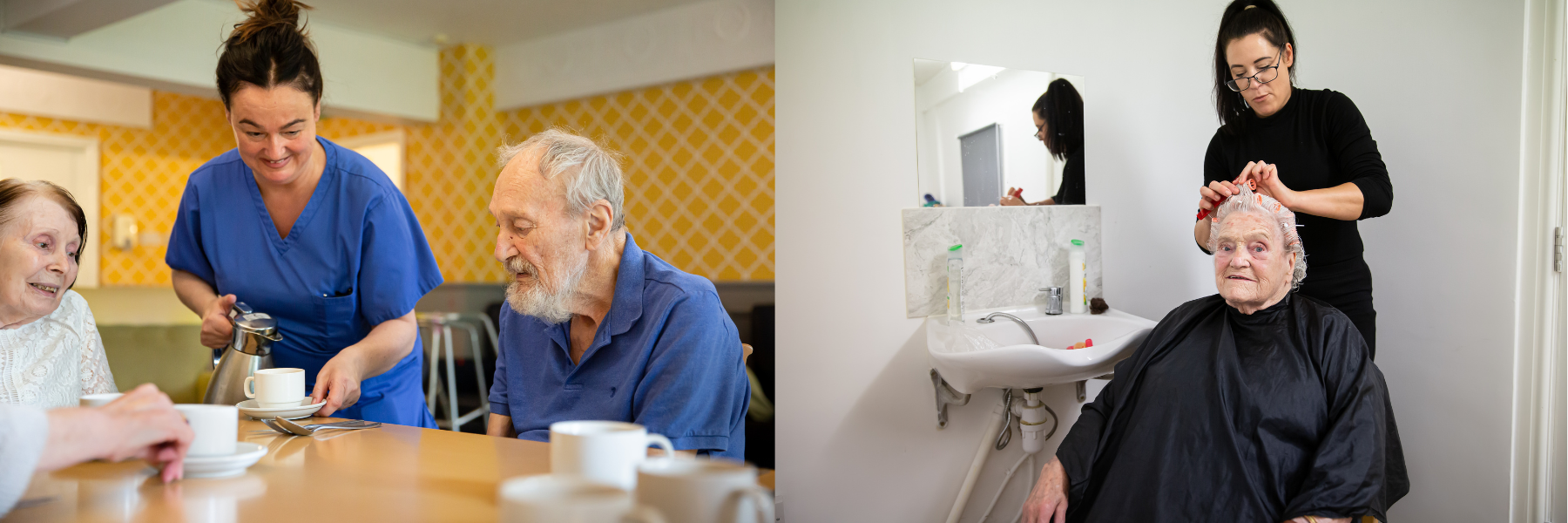Residents enjoying tea and receiving personal care.