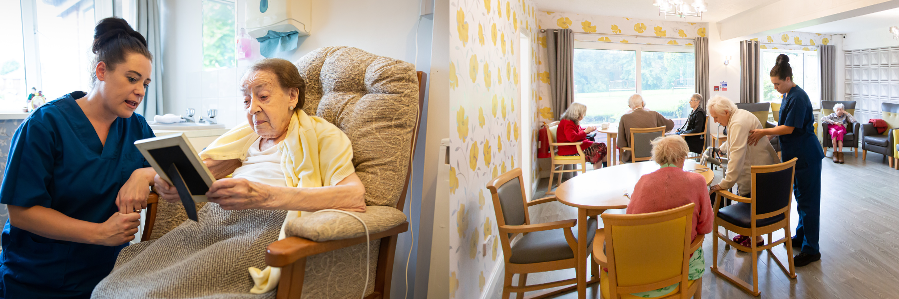 Staff assisting residents in a common area.