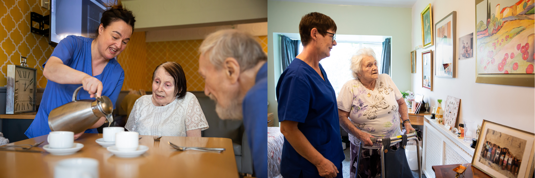 Staff serving tea to residents in a cozy setting.