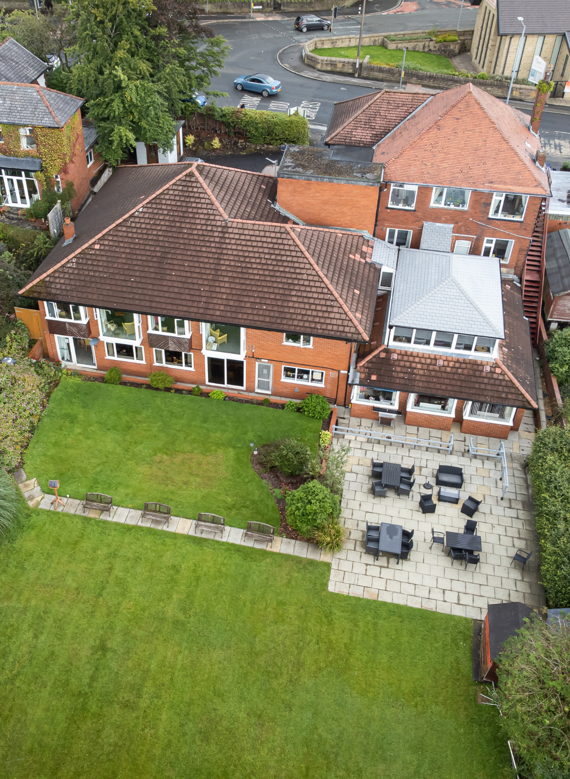 Aerial view of the Glenbank Care Home exterior and garden area.