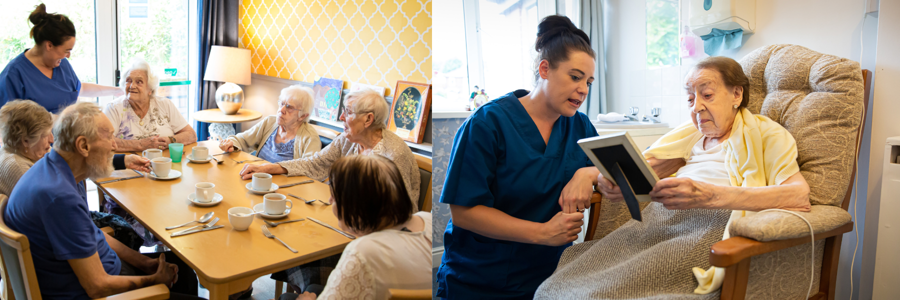Residents engaging in activities with staff members.