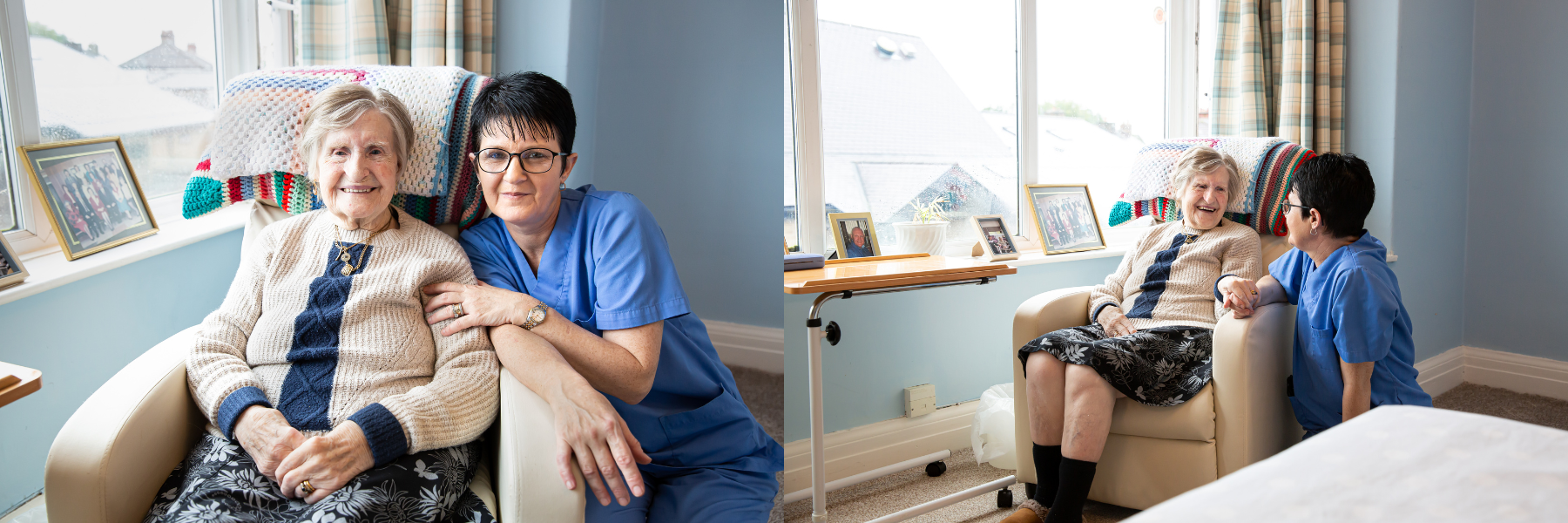 Resident and staff member interacting in a comfortable room.