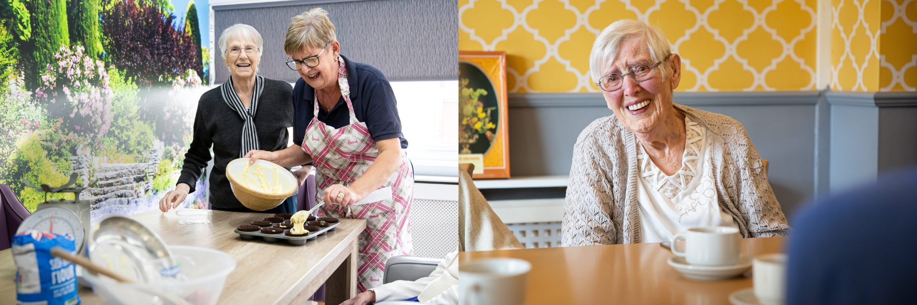 Residents and staff participating in baking activities.