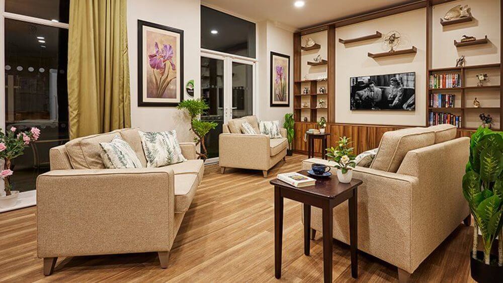 Comfortable common area with seating and decor