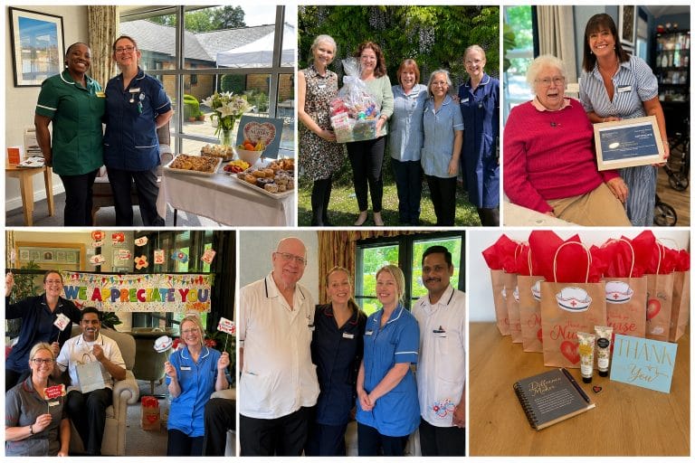 Staff and residents celebrating with activities and food.