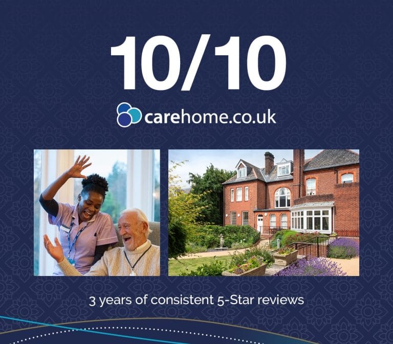 Outdoor view of a care home with residents and staff.