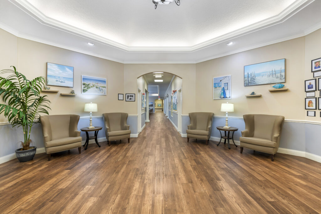 Interior view of a welcoming common area with seating.