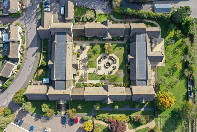 Aerial view of the facility's landscaped outdoor area.
