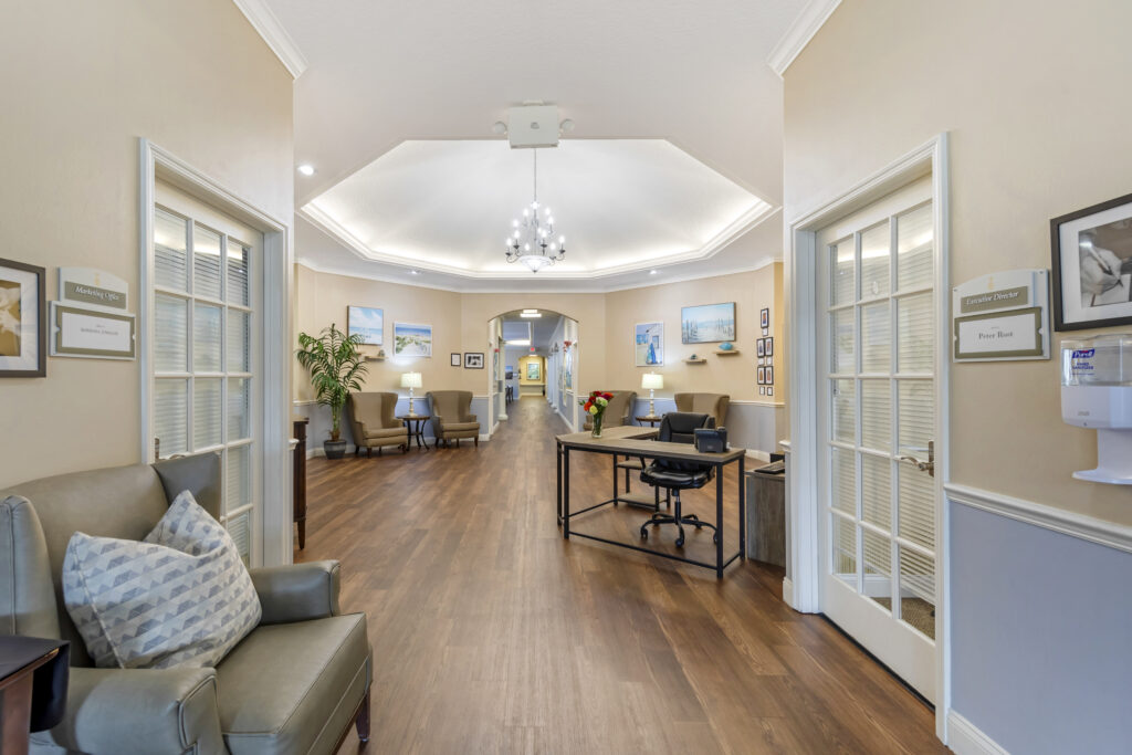 Interior hallway with seating and decor.