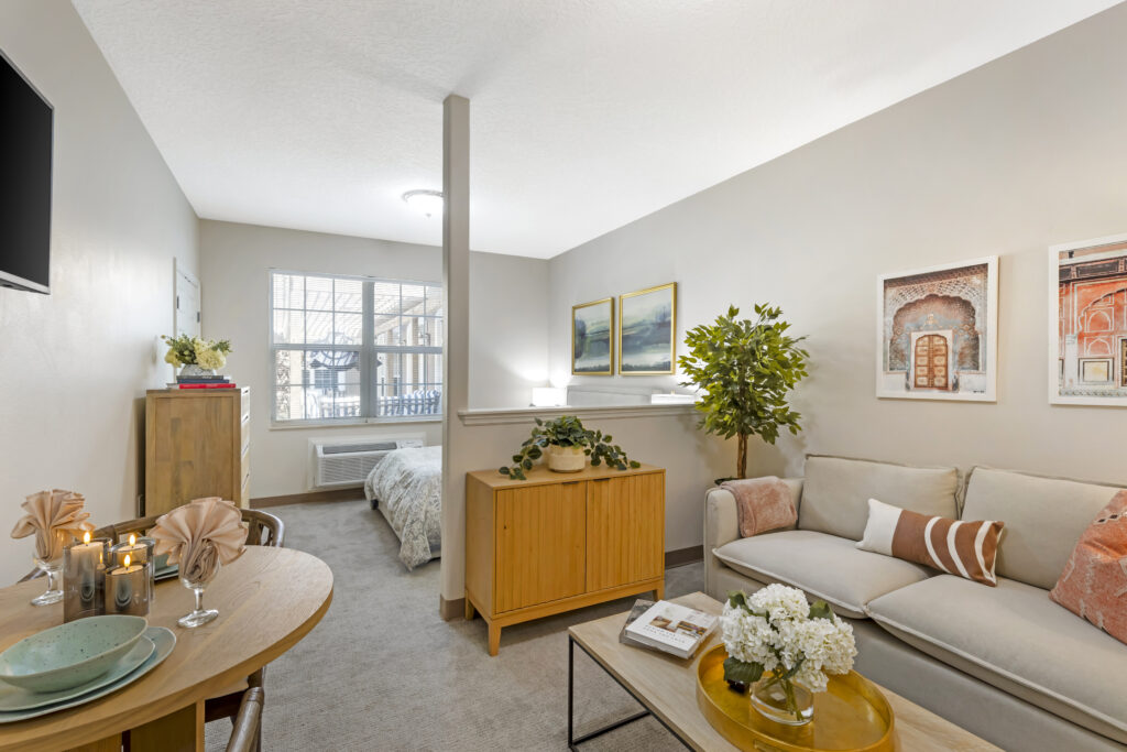Cozy resident room with modern decor and soft lighting.