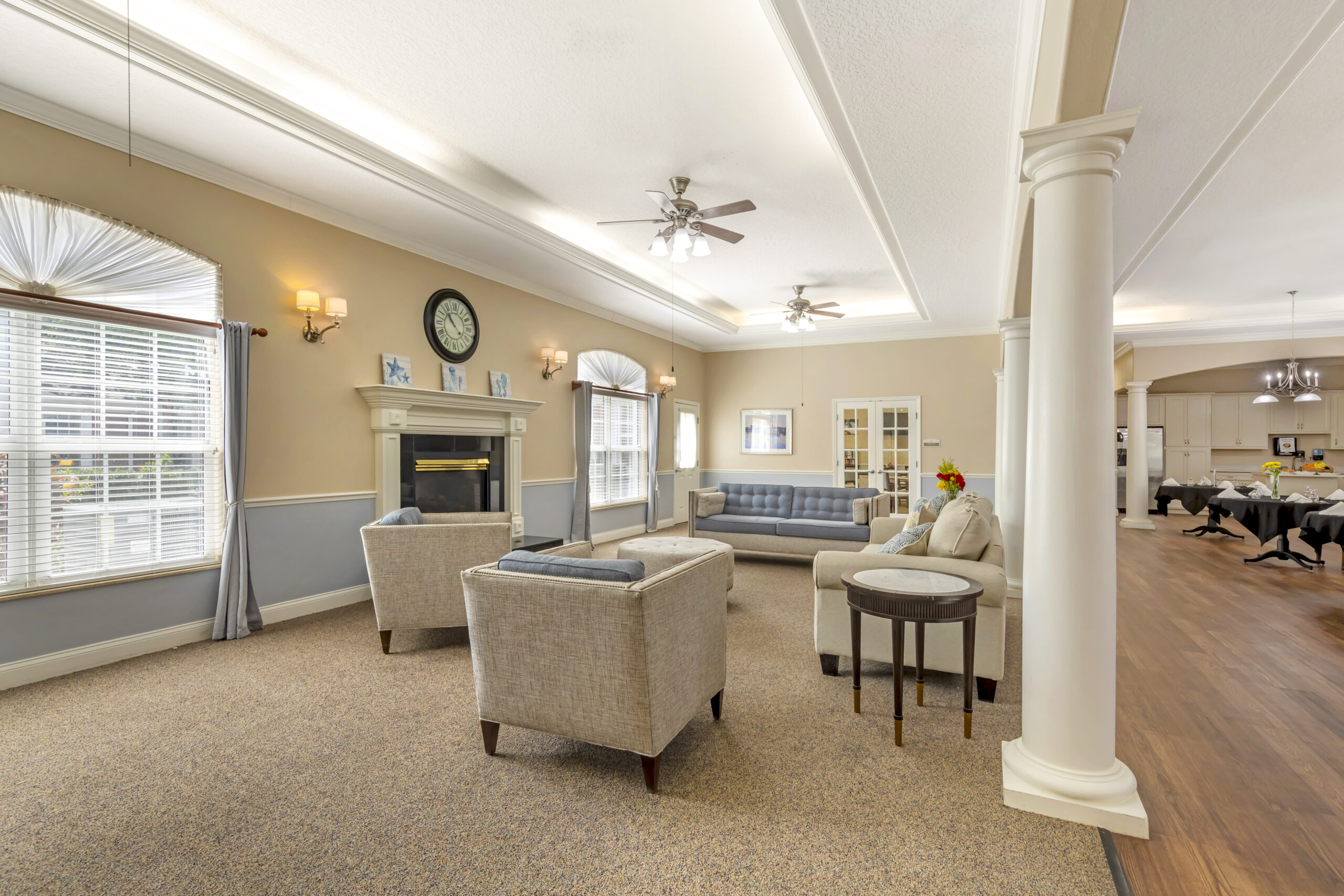 Cozy common area with seating and natural lighting.