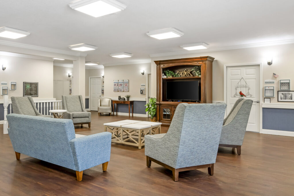 Bright and inviting common area with seating.