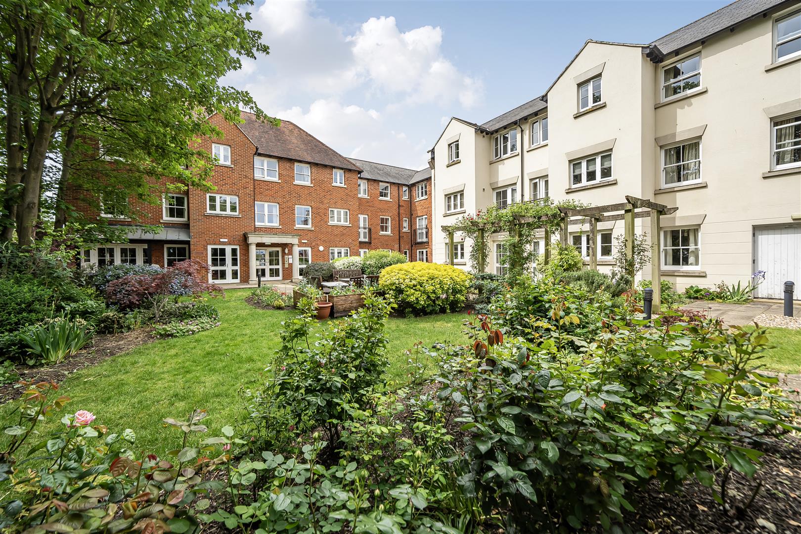 Well-maintained garden area in a senior living facility