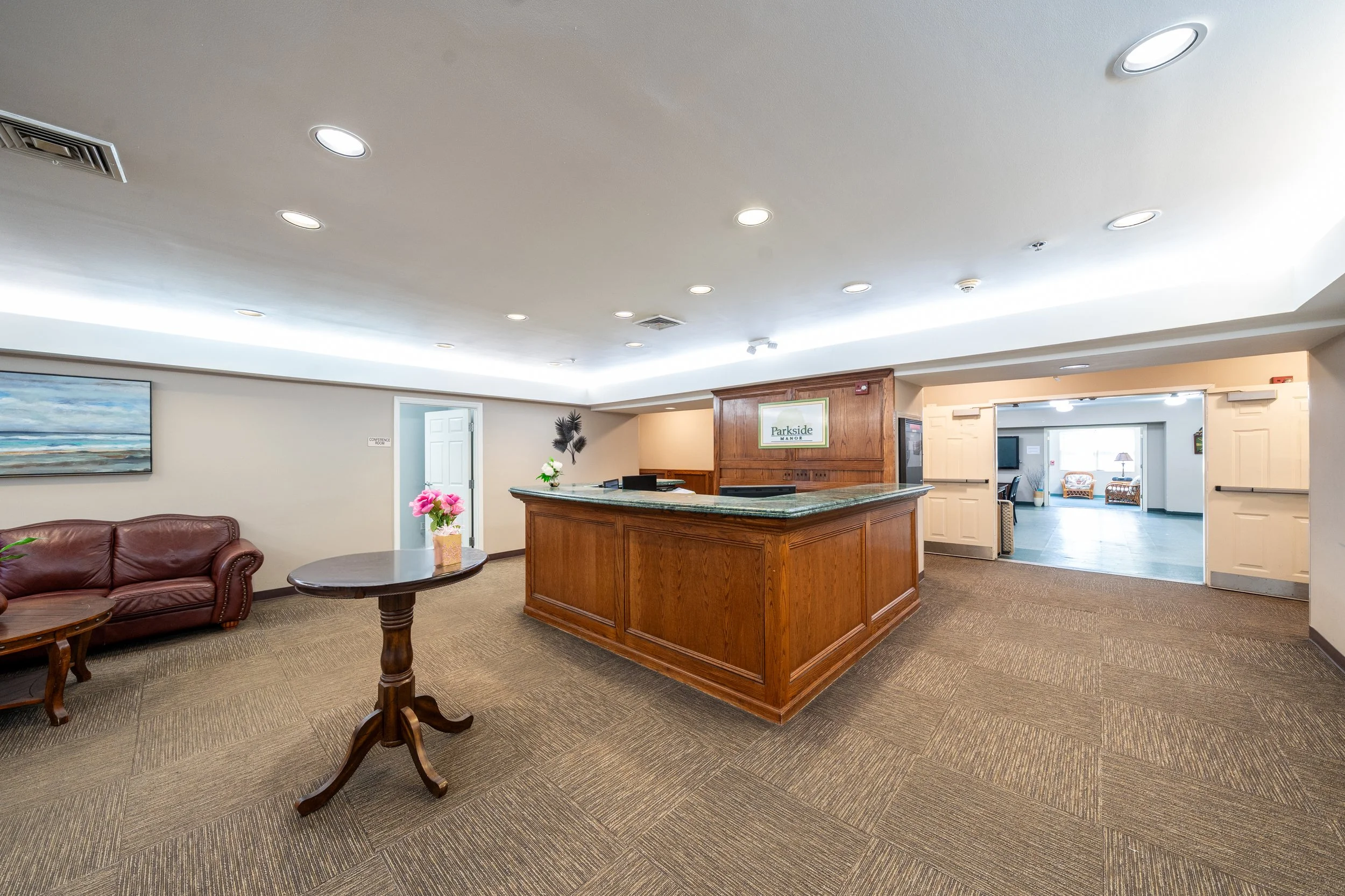 Interior view of the reception area with seating