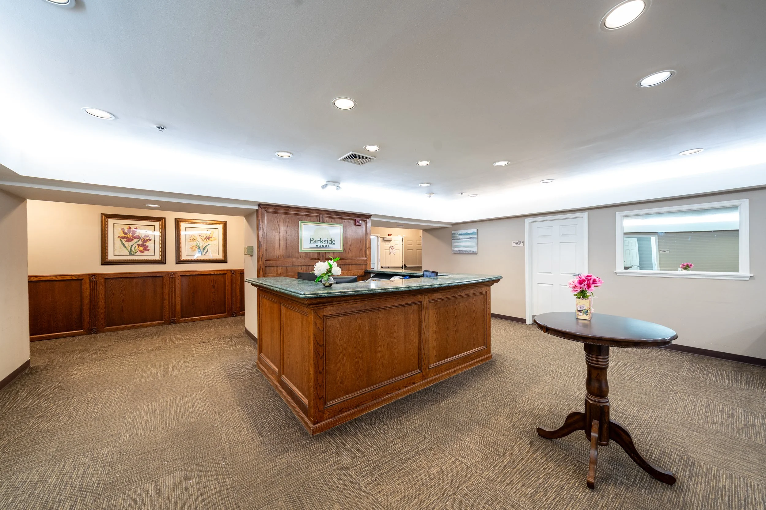 Reception area with a welcoming desk and decor