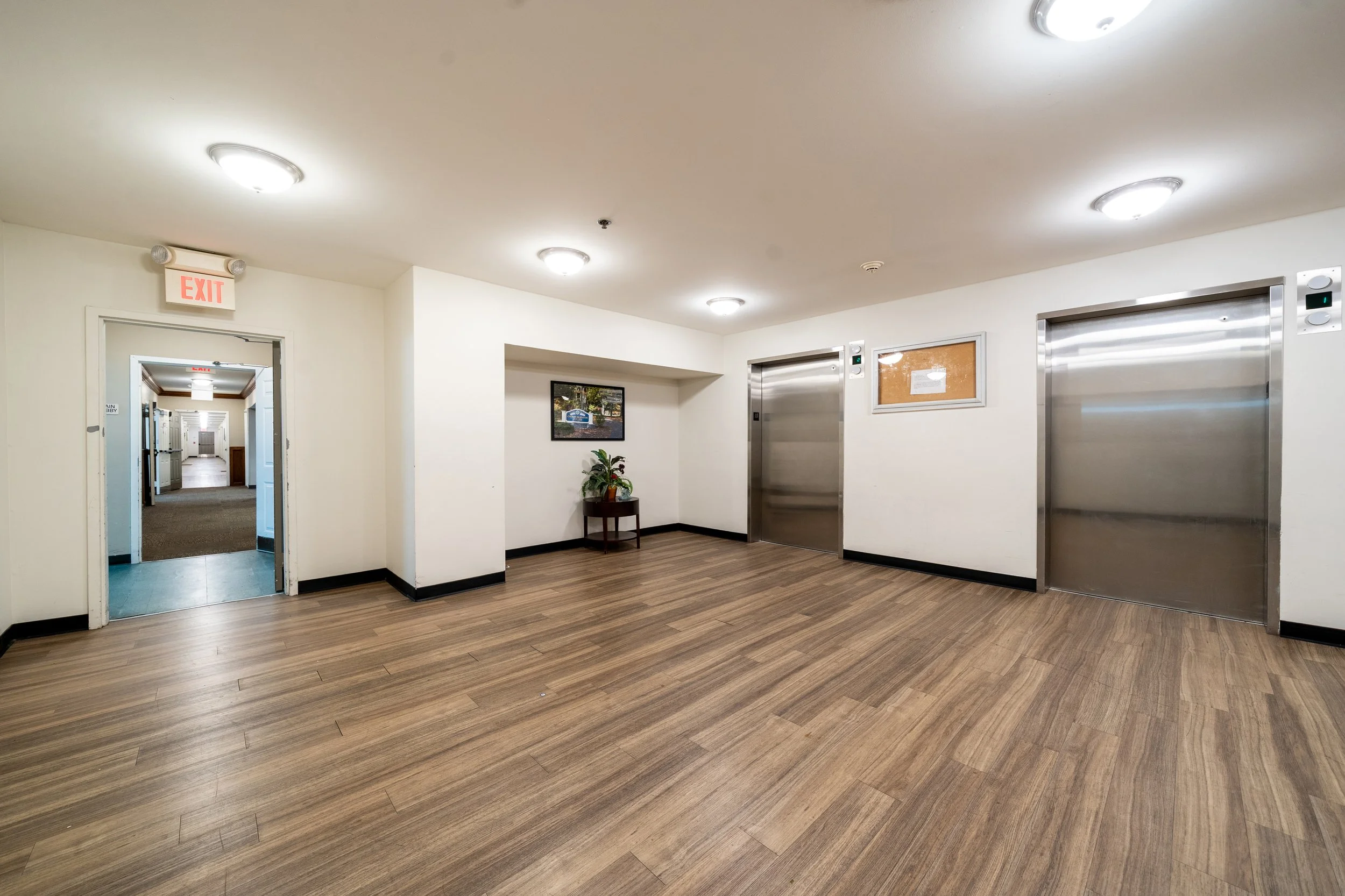Interior view of a hallway with elevators