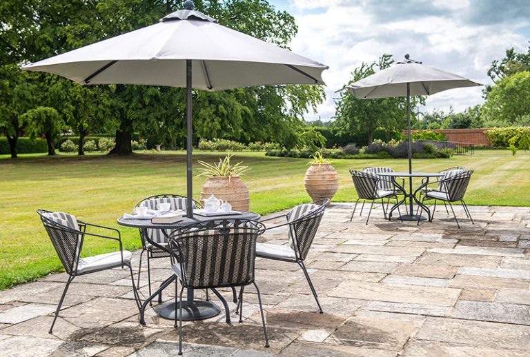 Outdoor seating area with umbrellas and tables