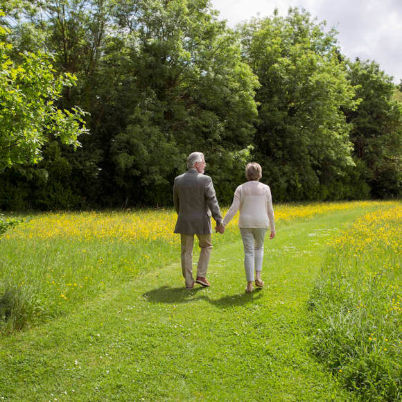 Couple walking hand-in-hand in a grassy field