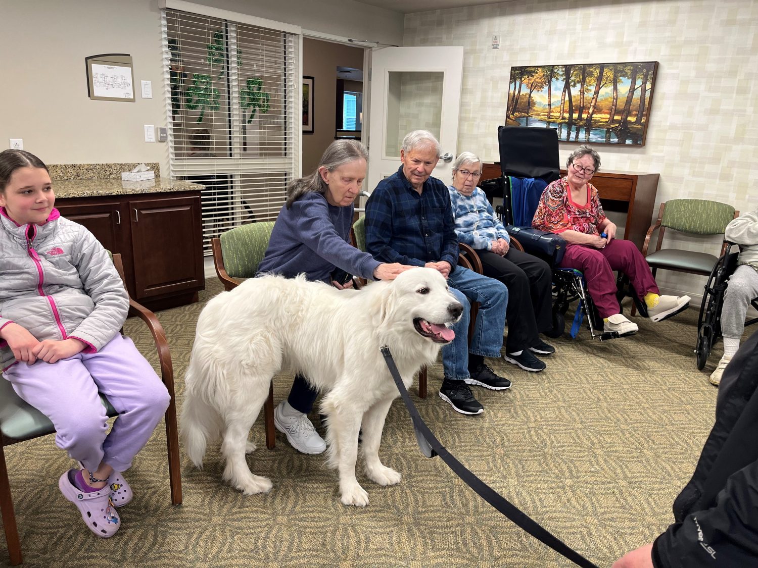 Residents interacting with a therapy dog in a common area