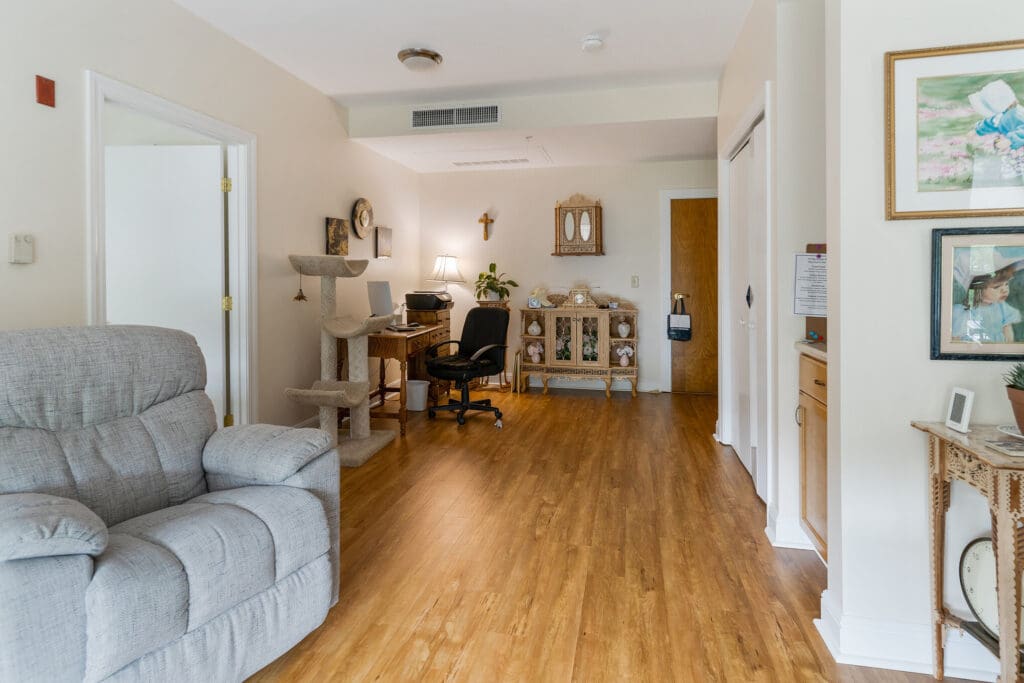 Bright and spacious room interior with furniture
