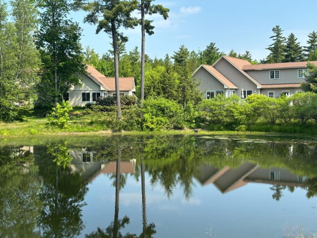 Scenic view of buildings reflecting in a pond