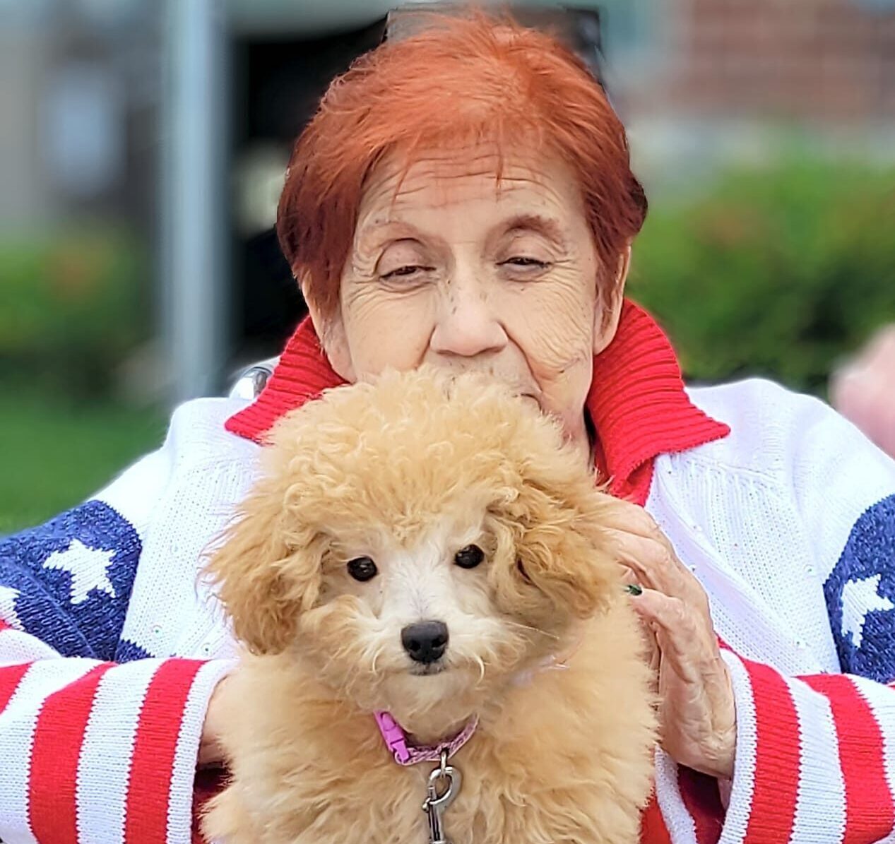 An older woman with a fluffy puppy in her lap