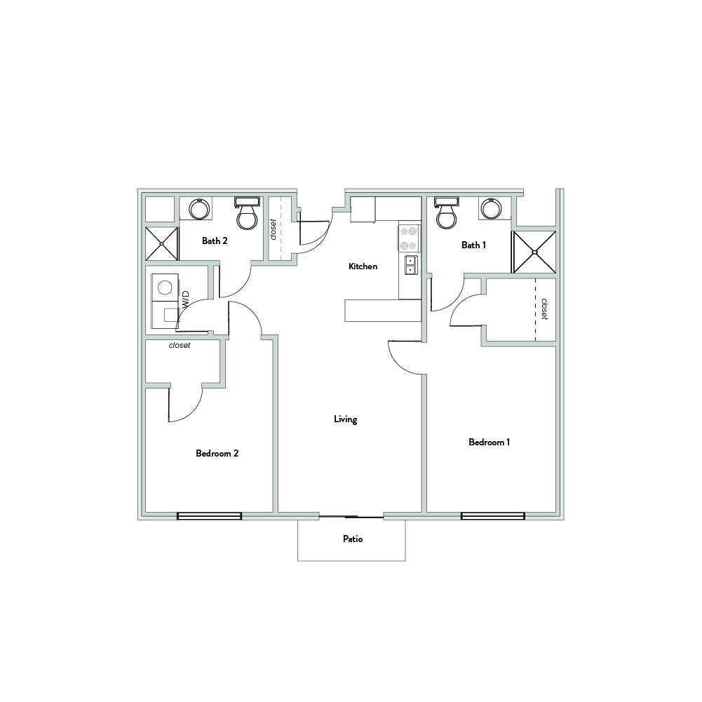 Architectural floor plan of a two-bedroom unit
