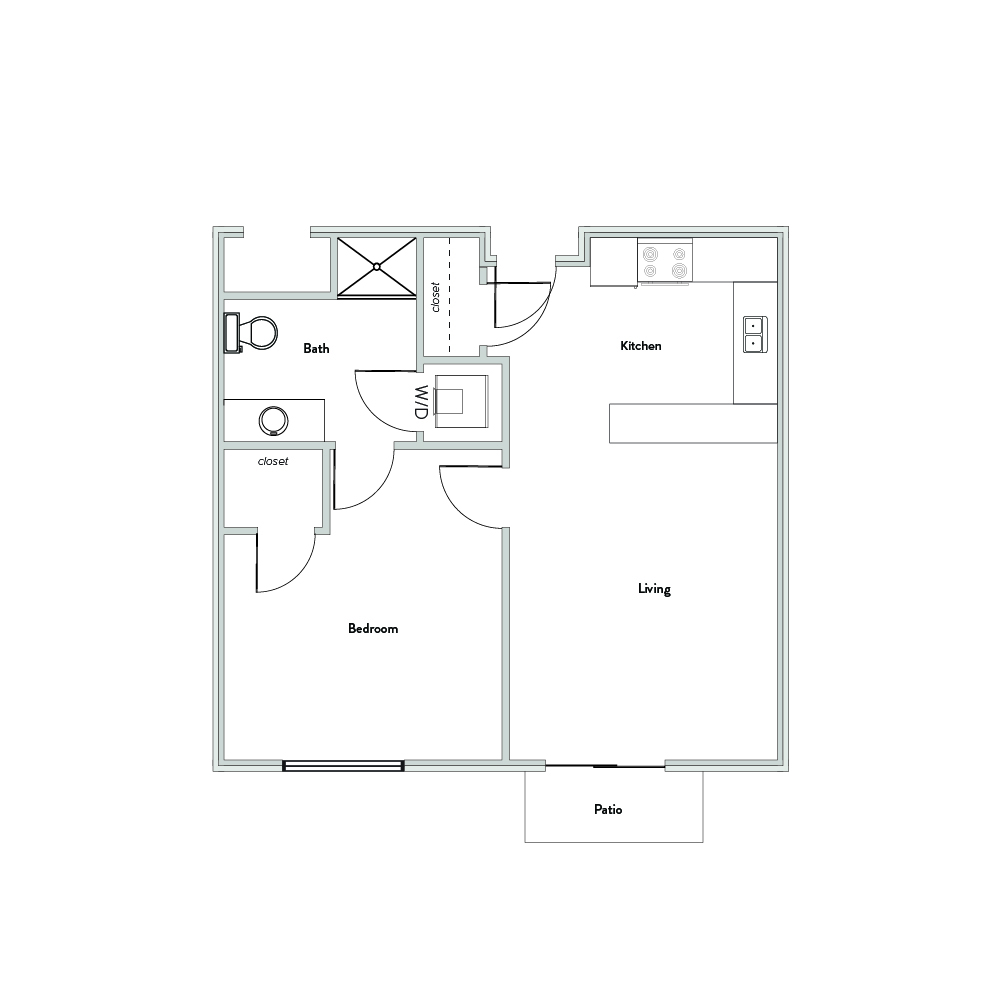 Architectural floor plan of a one-bedroom unit