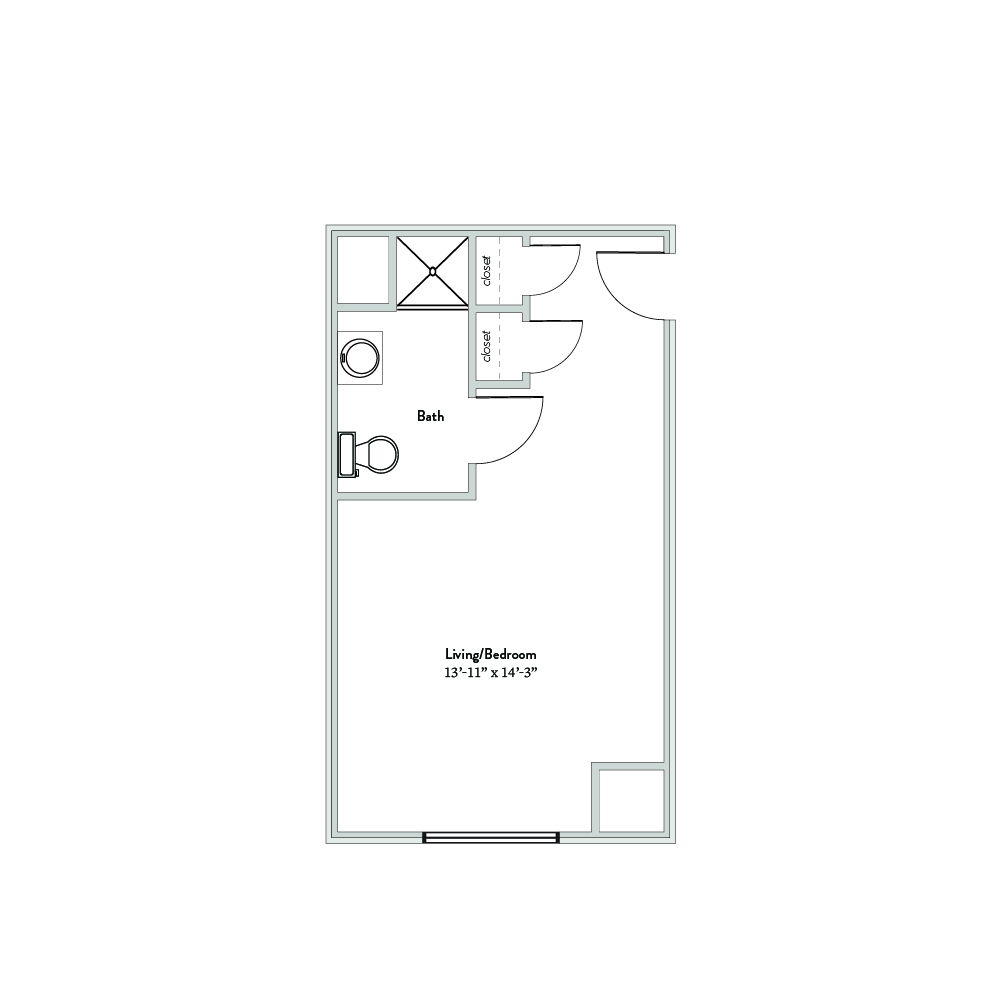 Detailed floor plan of a living room/bedroom