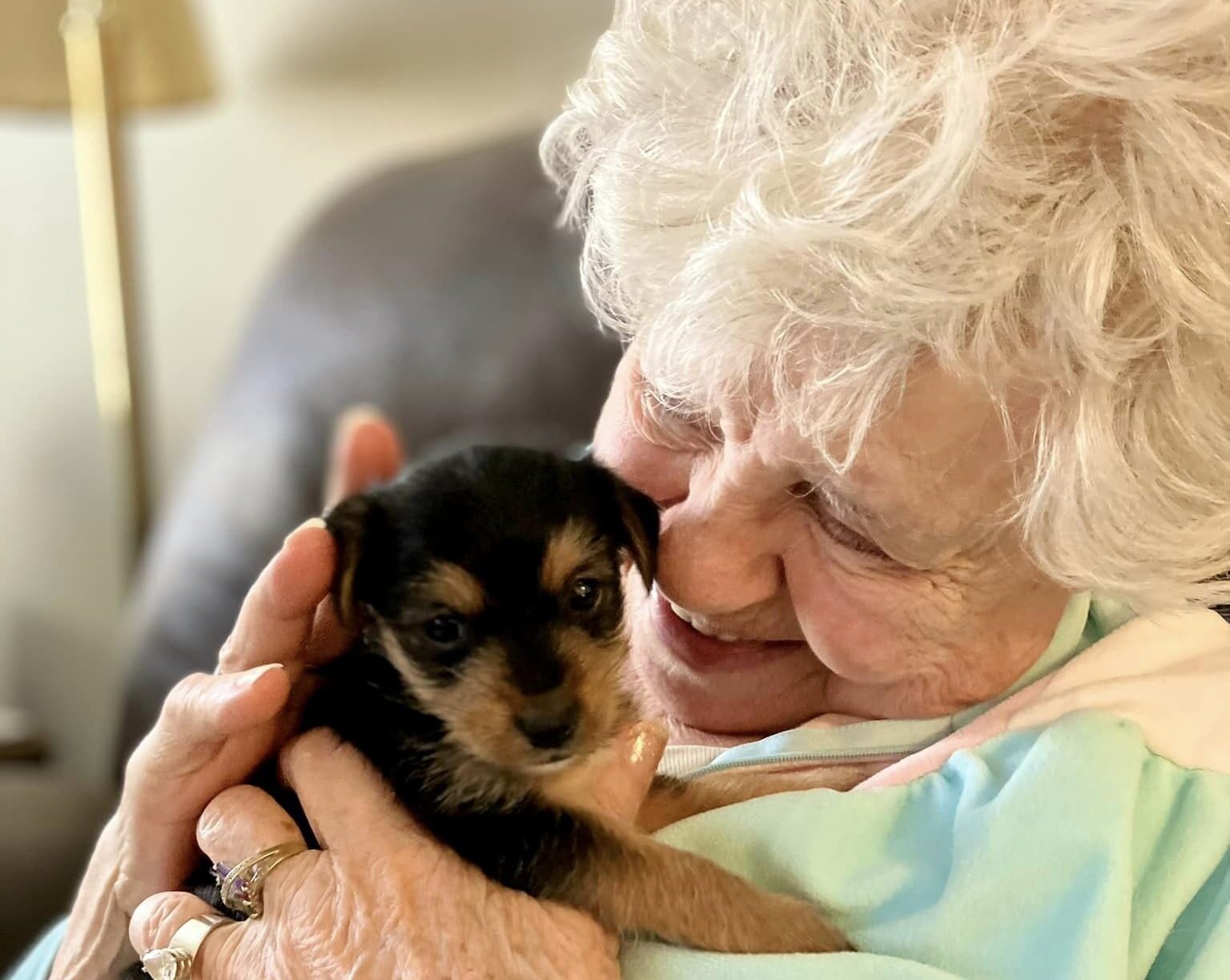 Senior resident smiling while holding a puppy