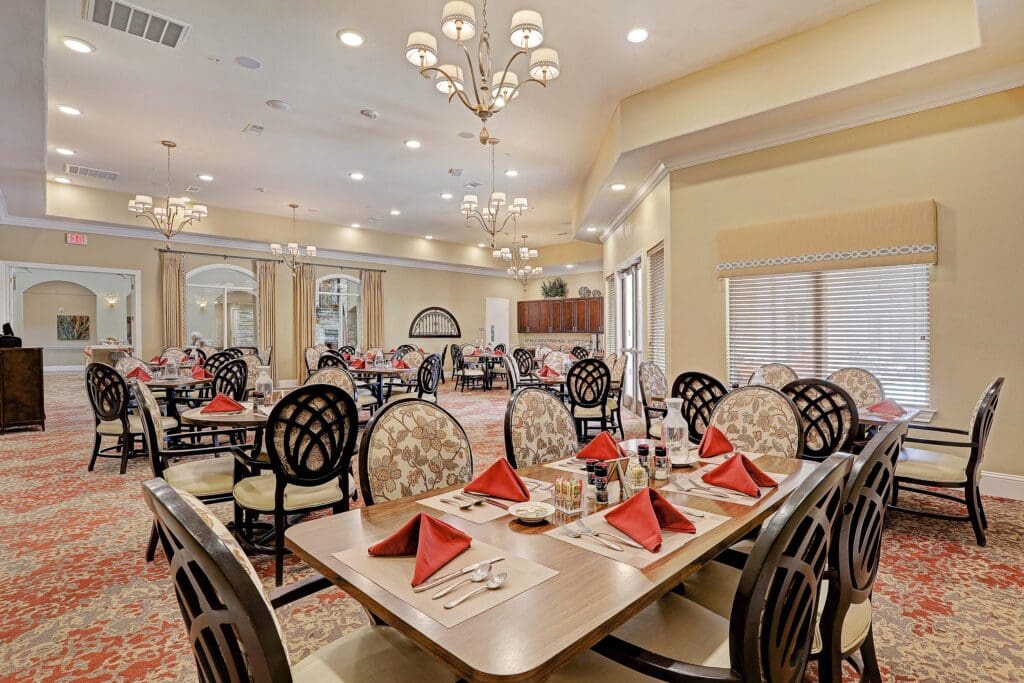 Interior dining room with tables set for meals