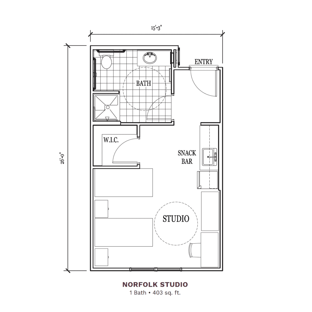 Architectural floor plan of a Norfolk studio unit