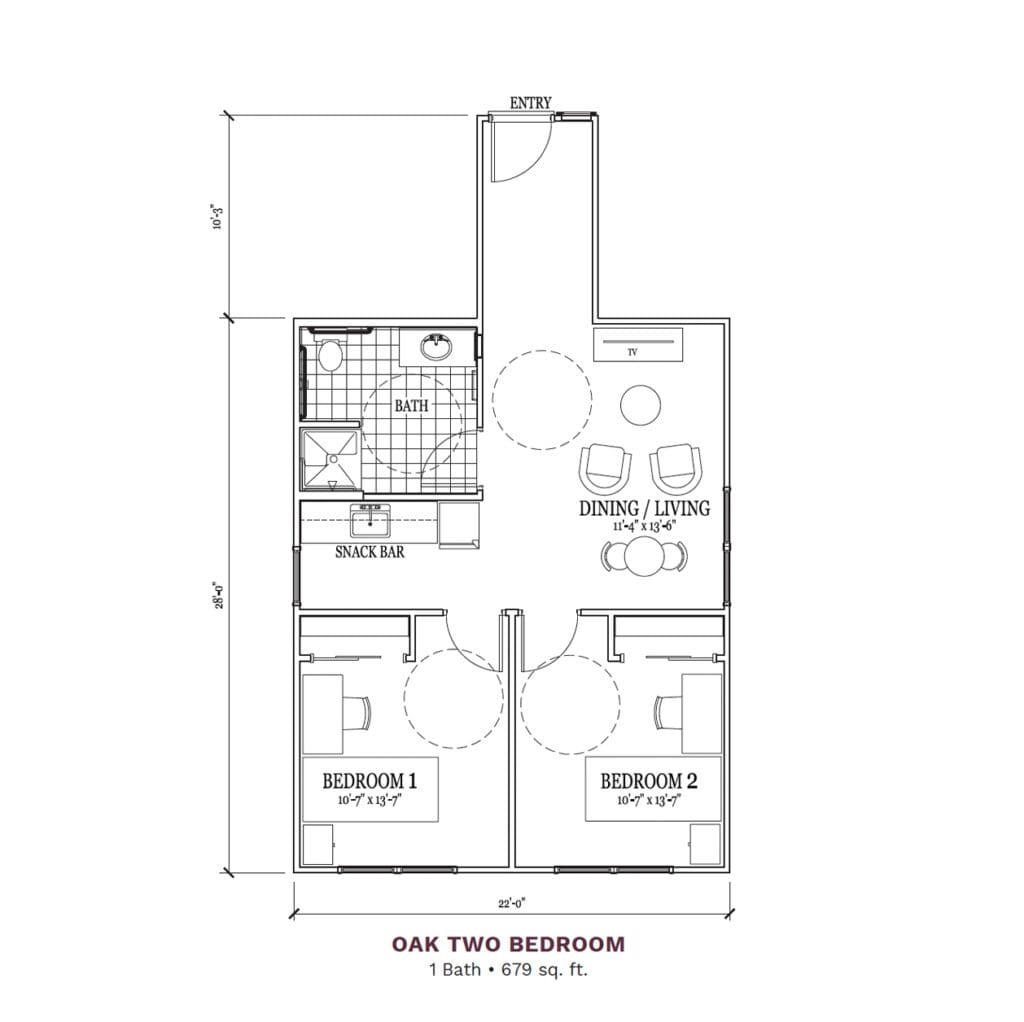 Architectural floor plan of a two-bedroom unit