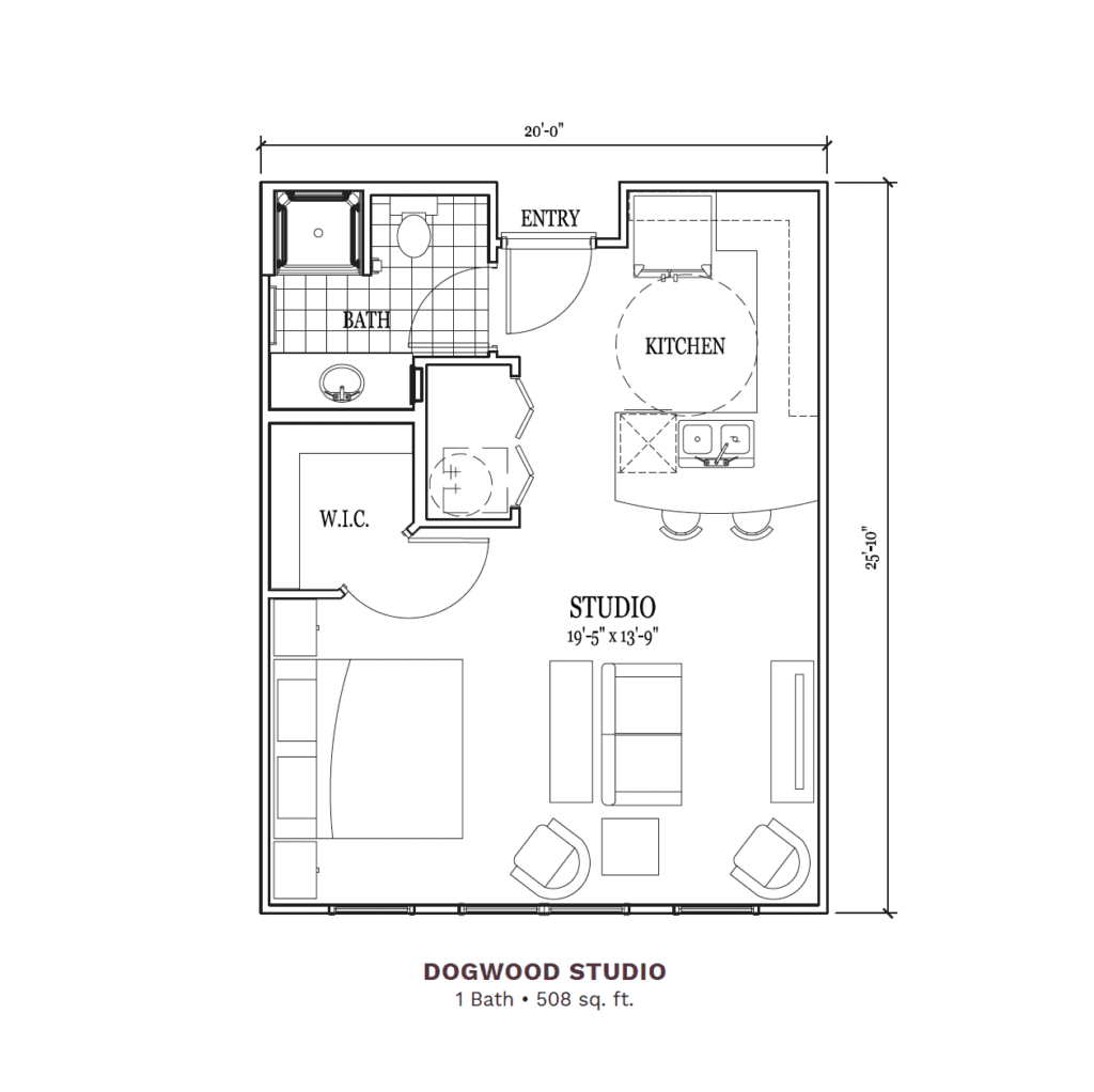 Architectural floor plan of a studio apartment layout