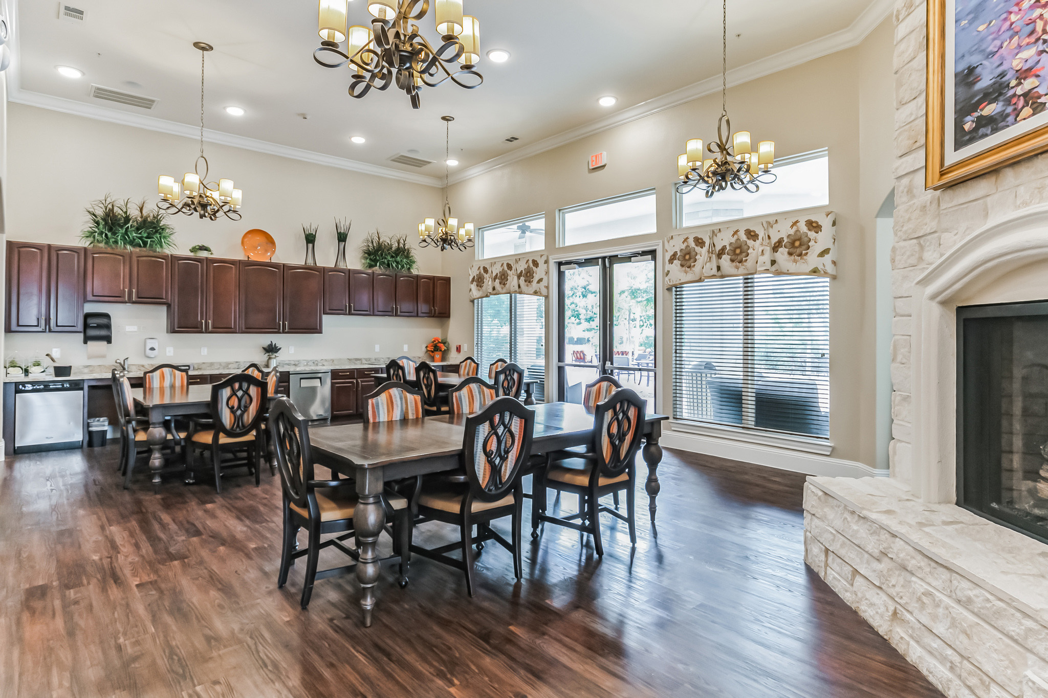 Dining area with wooden tables and chairs